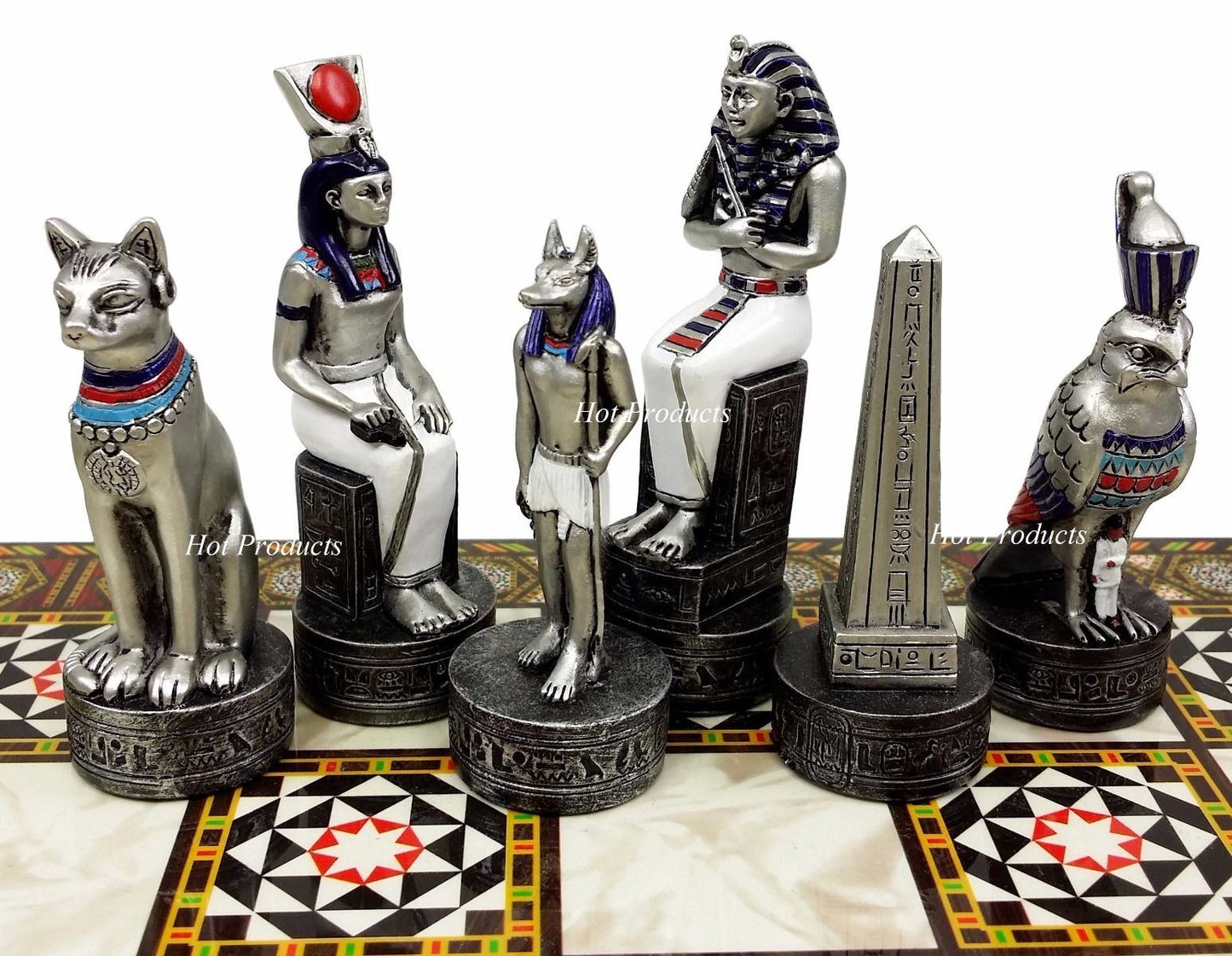 Egyptian Anubis Chess Set Gold & Silver Painted Men W 14 1/2" Mosaic Color Board