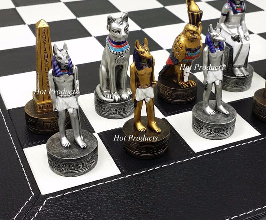 Egyptian Anubis Chess Set Gold & Silver Painted Men W/ 18" Faux Leather Board