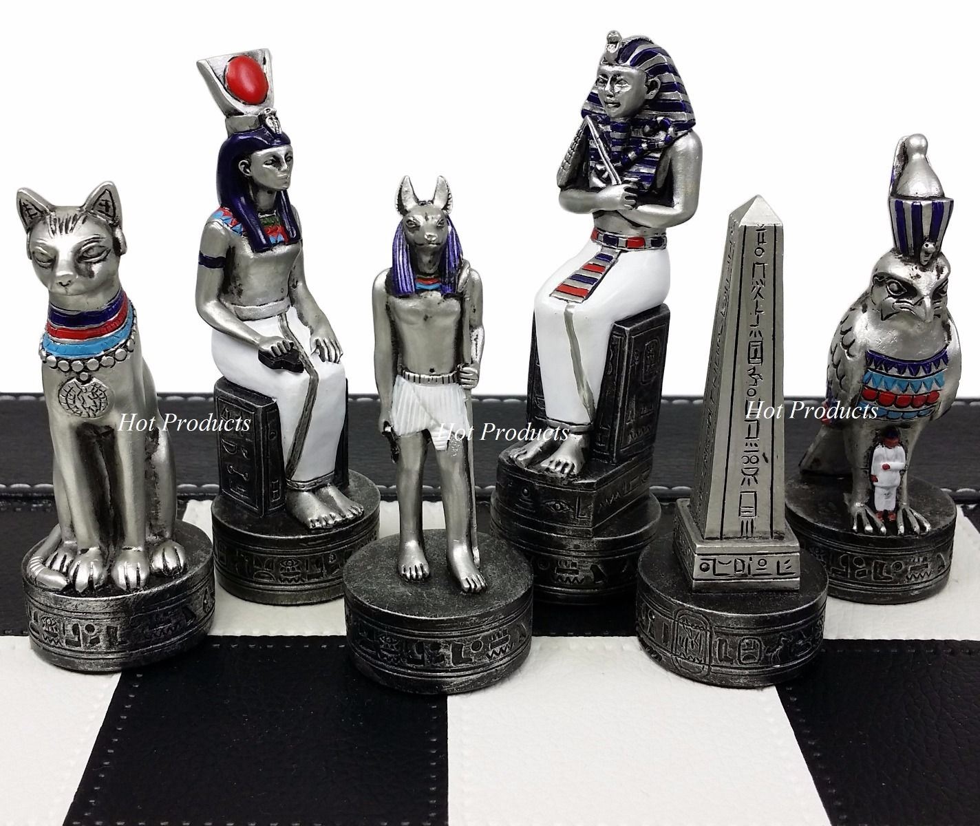 Egyptian Anubis Chess Set Gold & Silver Painted Men W/ 18" Faux Leather Board