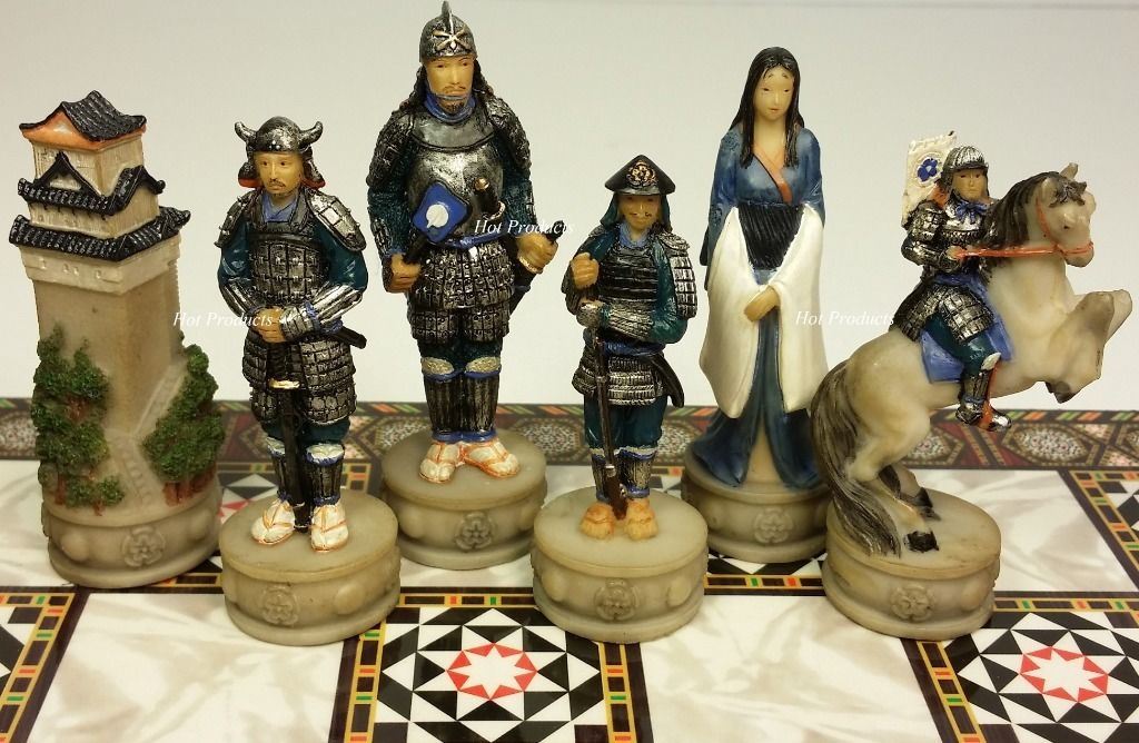 Japanese Samurai Warrior Chess Set with 14" Mosaic Color Board Oriental