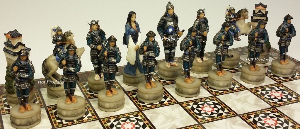 Japanese Samurai Warrior Chess Set with 14" Mosaic Color Board Oriental