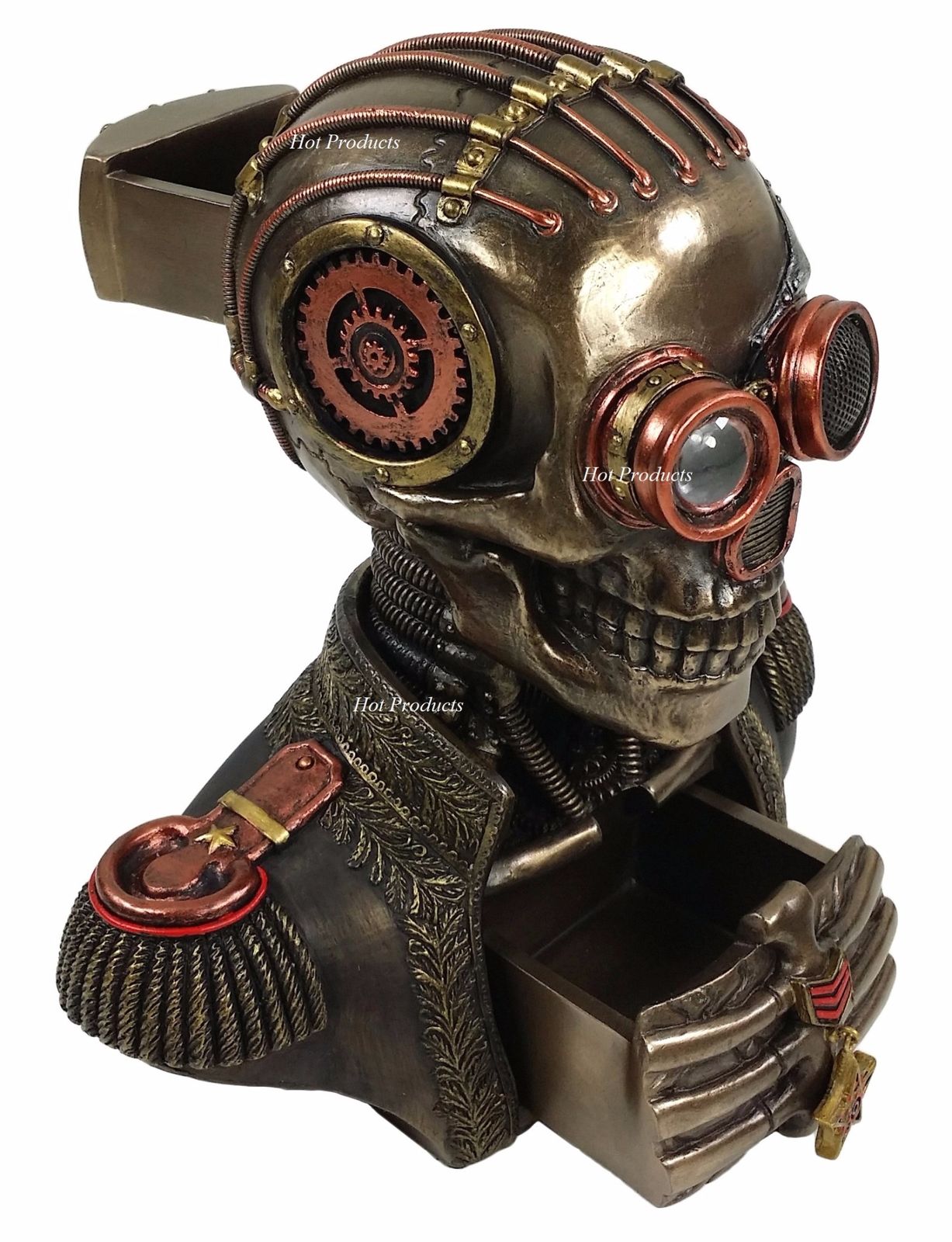 Steampunk Skull Bust Soldier in Uniform Statue With 2 Hidden Trinket Stash Box