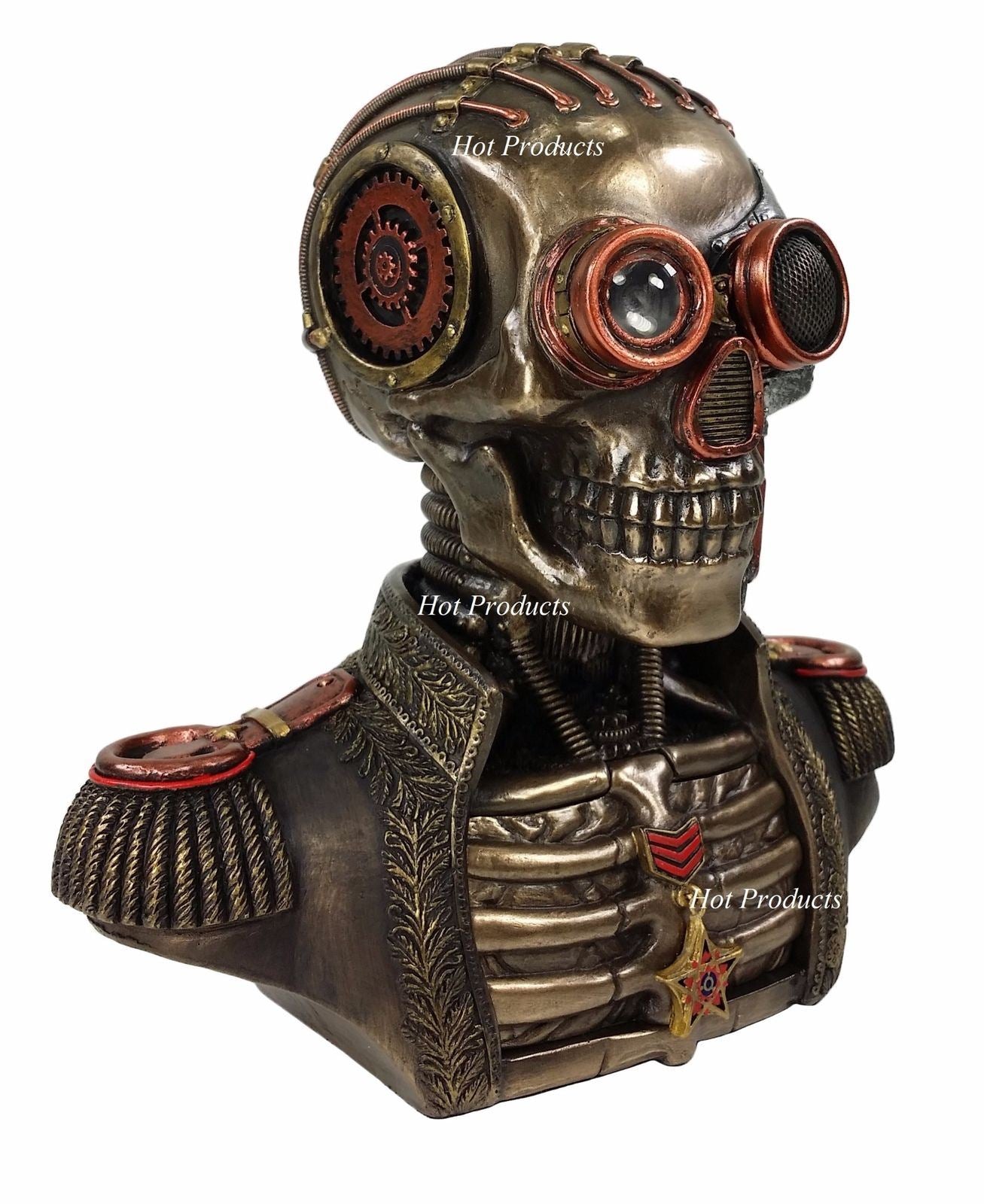 Steampunk Skull Bust Soldier in Uniform Statue With 2 Hidden Trinket Stash Box