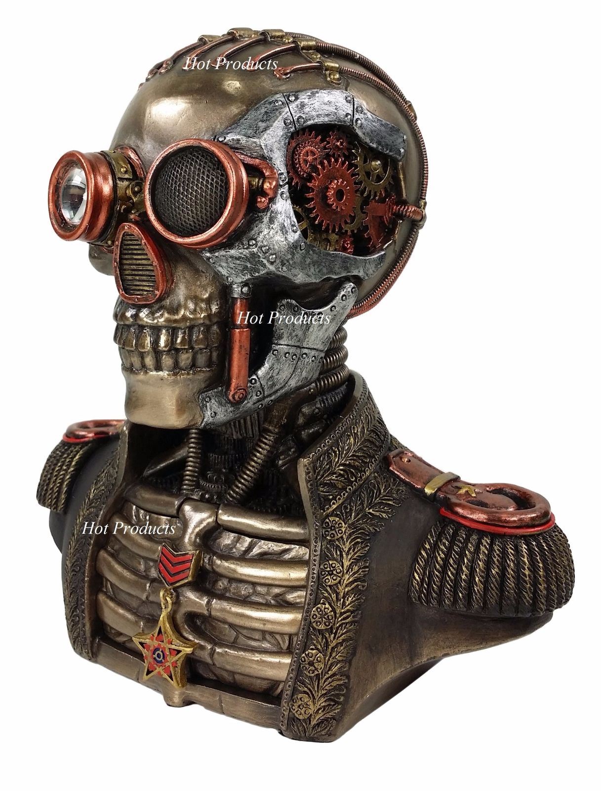 Steampunk Skull Bust Soldier in Uniform Statue With 2 Hidden Trinket Stash Box