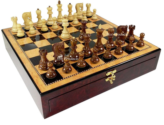 4 Queens Acacia Opposite Tops Staunton Wood Chess Set Walnut Color Storage Board