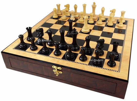 4 Q Black Natural Empire Modern Staunton Wood Chess Set 20" Gloss Storage Board