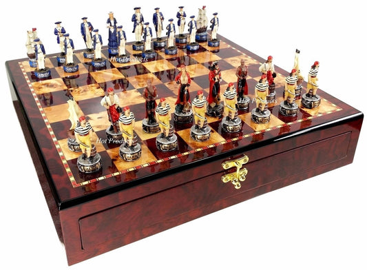 Pirates Vs Royal Navy Pirate Chess Set W Gloss Cherry Color Storage Board