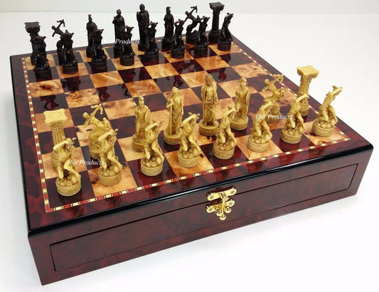 Greek Roman Mythology Gods Chess Set w/ 17" Gloss Cherry Color Storage Board