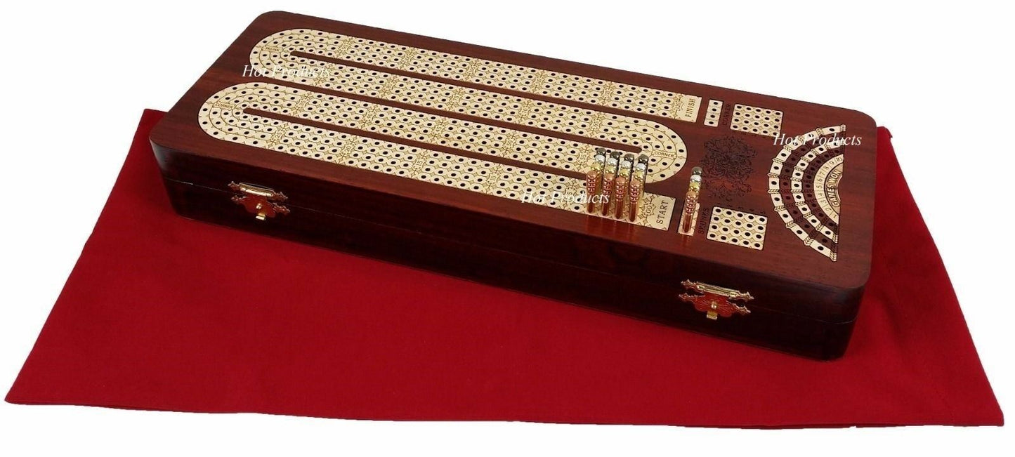 14" 4 TRACK CONTINUOUS Cribbage Board BLOODWOOD Skunks Corner Games Won Hinge Bx