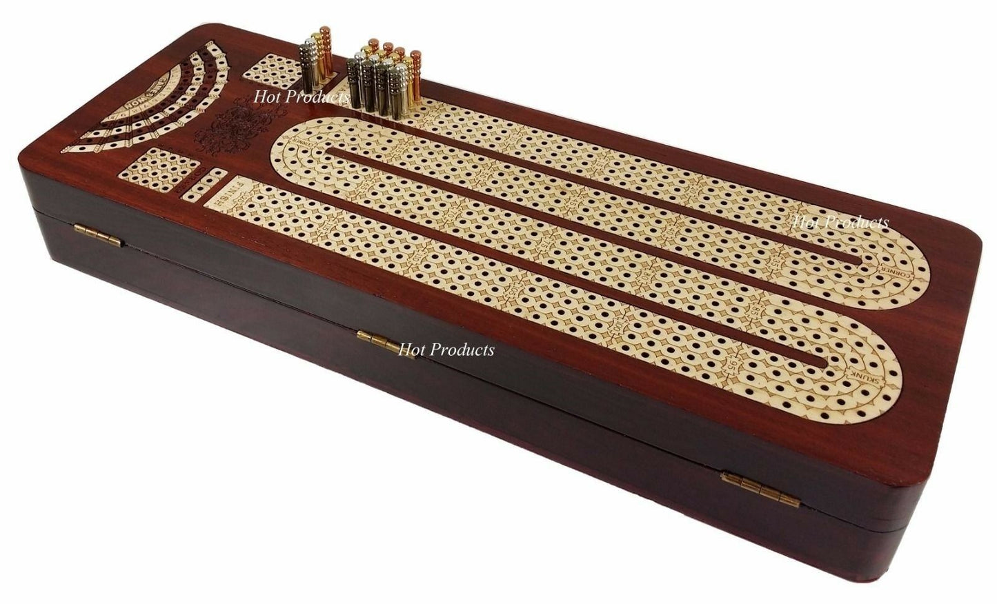 14" 4 TRACK CONTINUOUS Cribbage Board BLOODWOOD Skunks Corner Games Won Hinge Bx