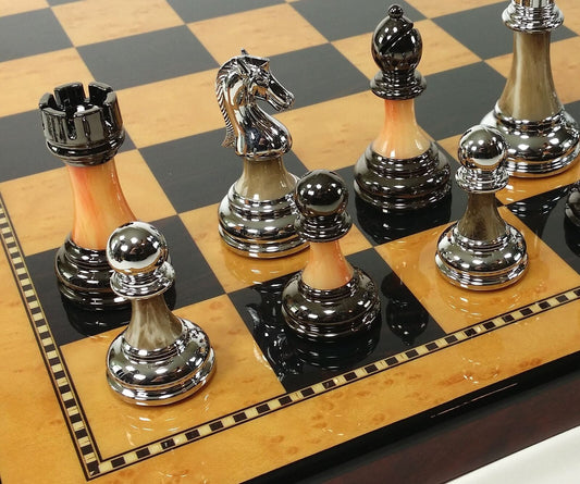 Staunton Chrome & Black Pro Plastic Chess Men Set W 18" Gloss Walnut Color Board