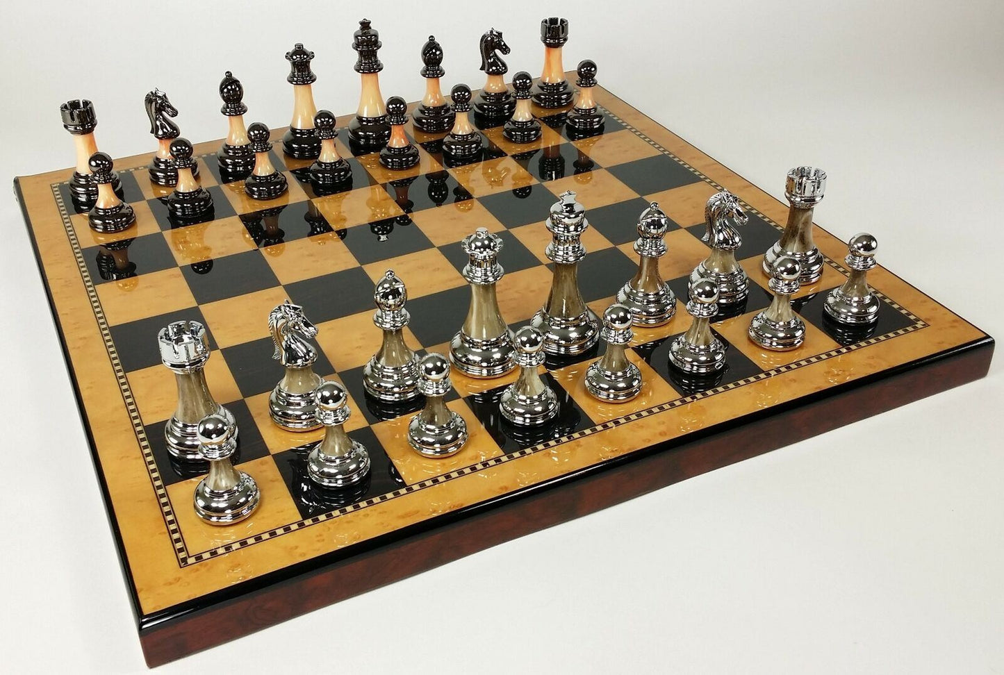 Staunton Chrome & Black Pro Plastic Chess Men Set W 18" Gloss Walnut Color Board