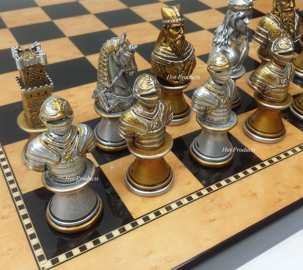 Medieval Times Crusades Busts GOLD SILVER Chess Set Walnut & Maple Color BD 15"