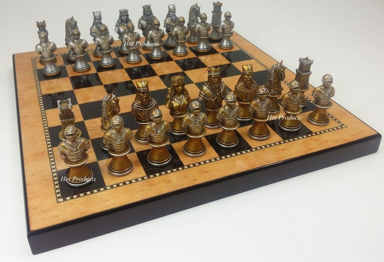 Medieval Times Crusades Busts GOLD SILVER Chess Set Walnut & Maple Color BD 15"