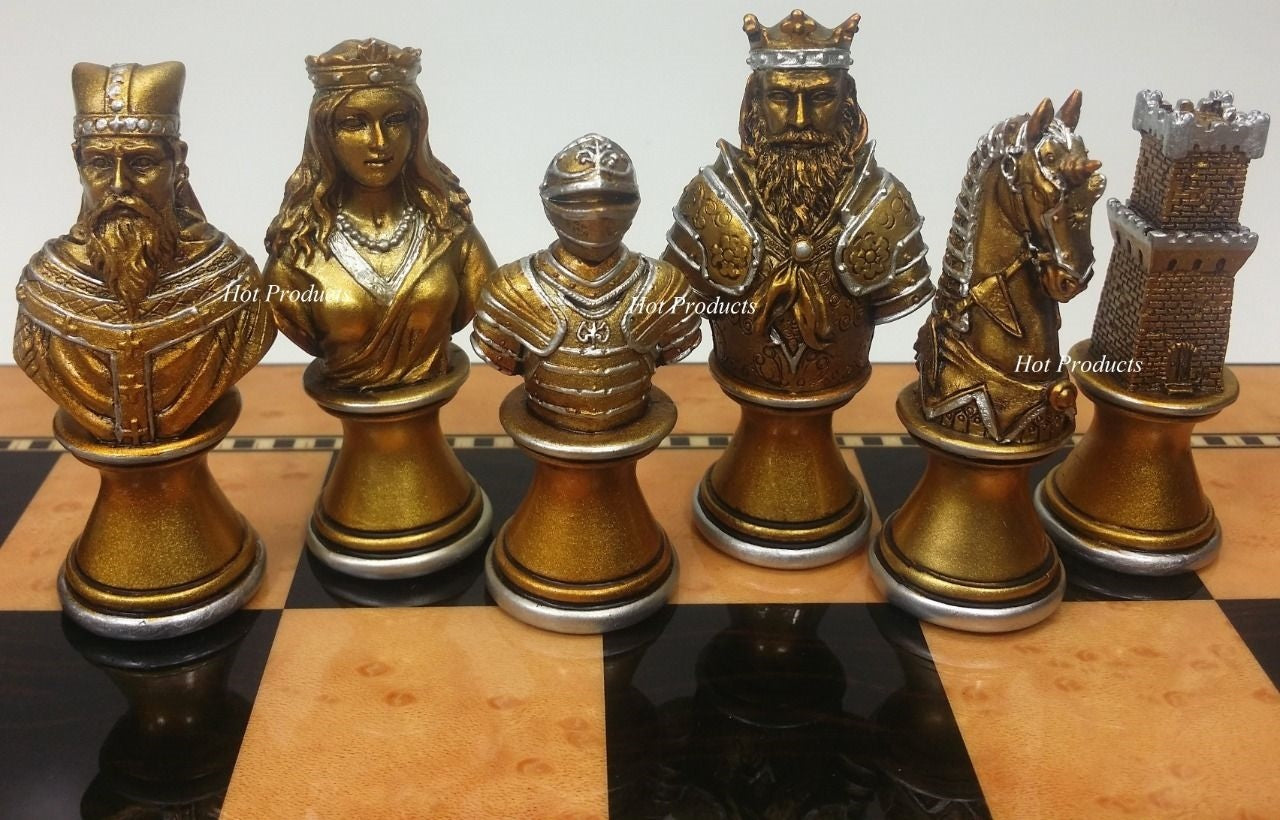 Medieval Times Crusades Busts GOLD SILVER Chess Set Walnut & Maple Color BD 15"