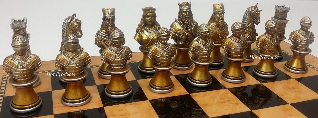 Medieval Times Crusades Busts GOLD SILVER Chess Set Walnut & Maple Color BD 15"