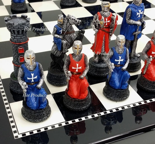 Medieval Times Crusades RED & BLUE Maltese Knights Chess Set W/ 15" Black Board