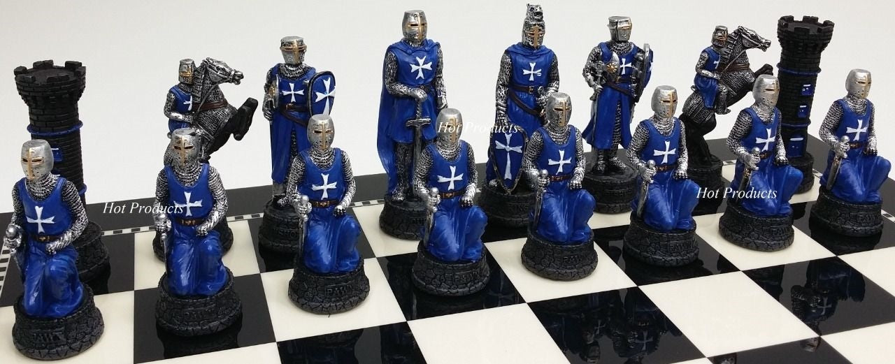 Medieval Times Crusades RED & BLUE Maltese Knights Chess Set W/ 15" Black Board