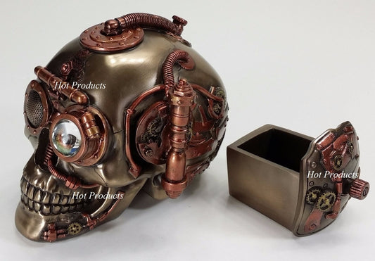 Hidden Trinket Box Steampunk Industrial Age Human Skull Statue Bronze Color