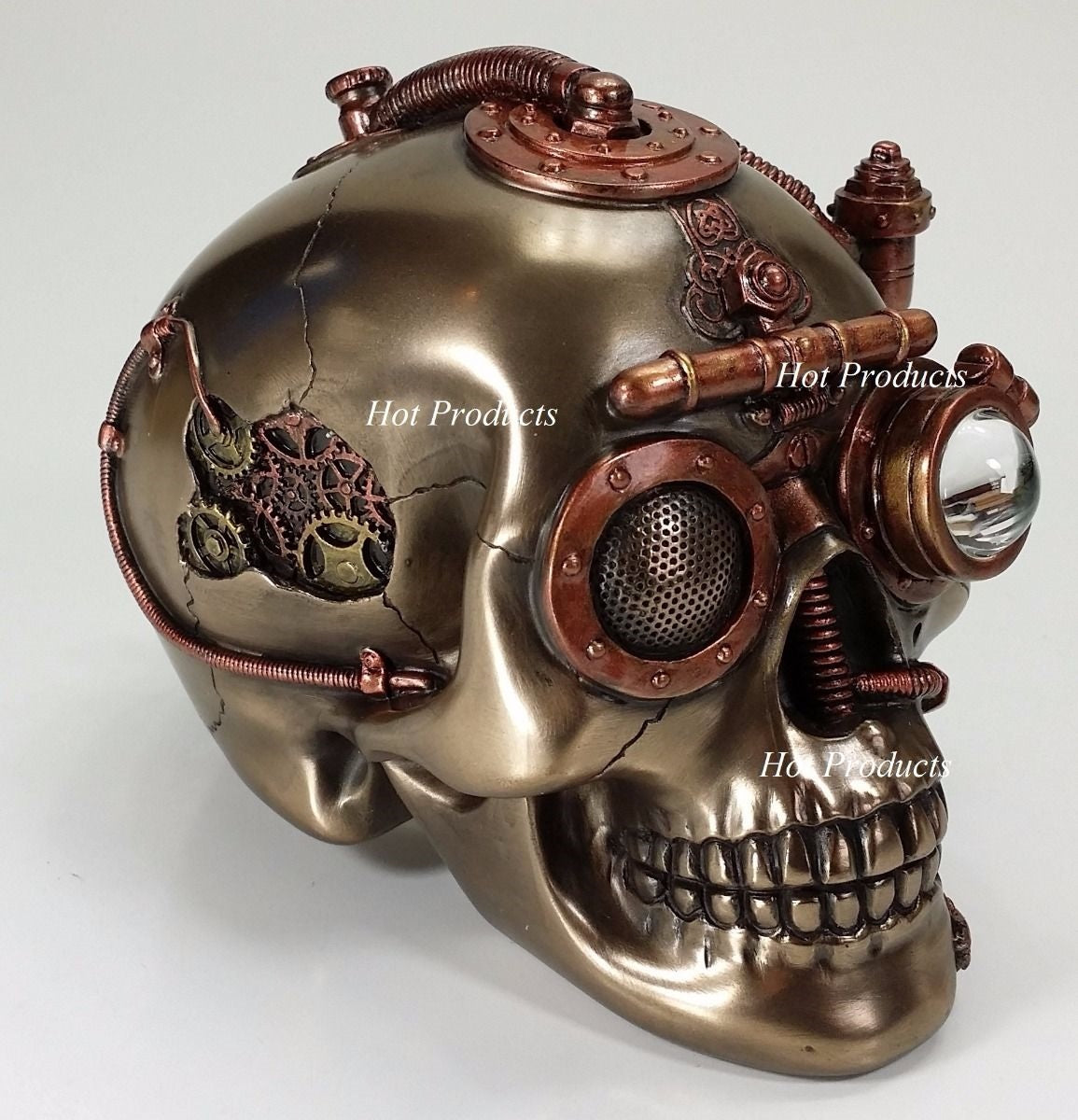 Hidden Trinket Box Steampunk Industrial Age Human Skull Statue Bronze Color