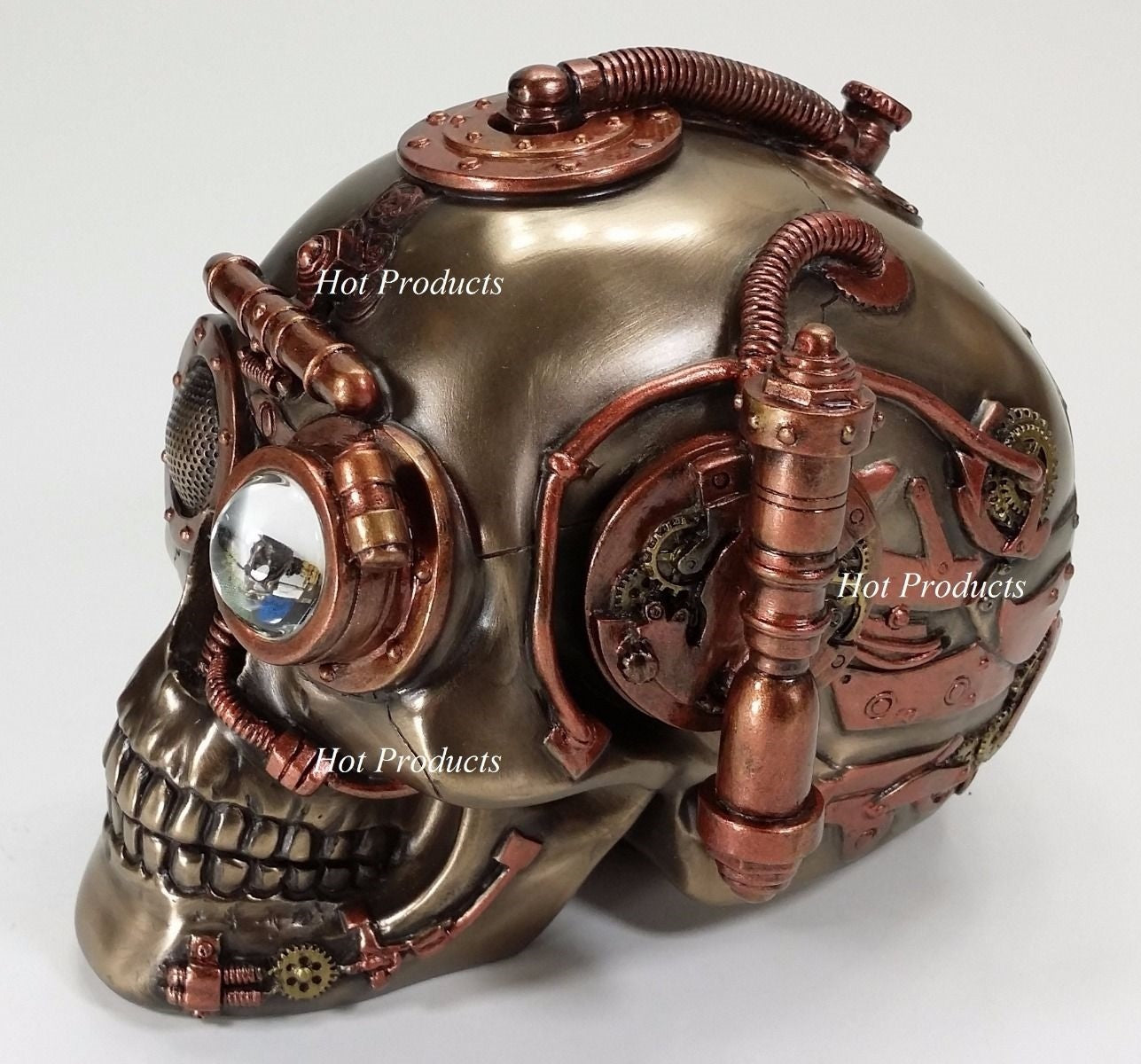 Hidden Trinket Box Steampunk Industrial Age Human Skull Statue Bronze Color