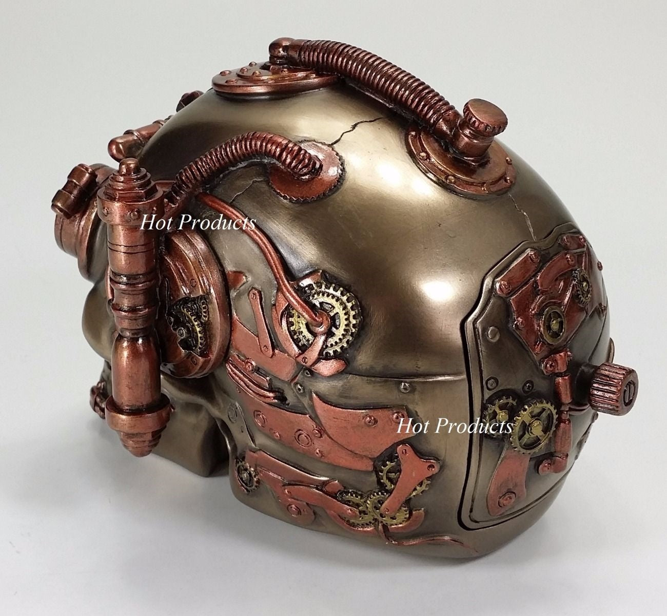 Hidden Trinket Box Steampunk Industrial Age Human Skull Statue Bronze Color