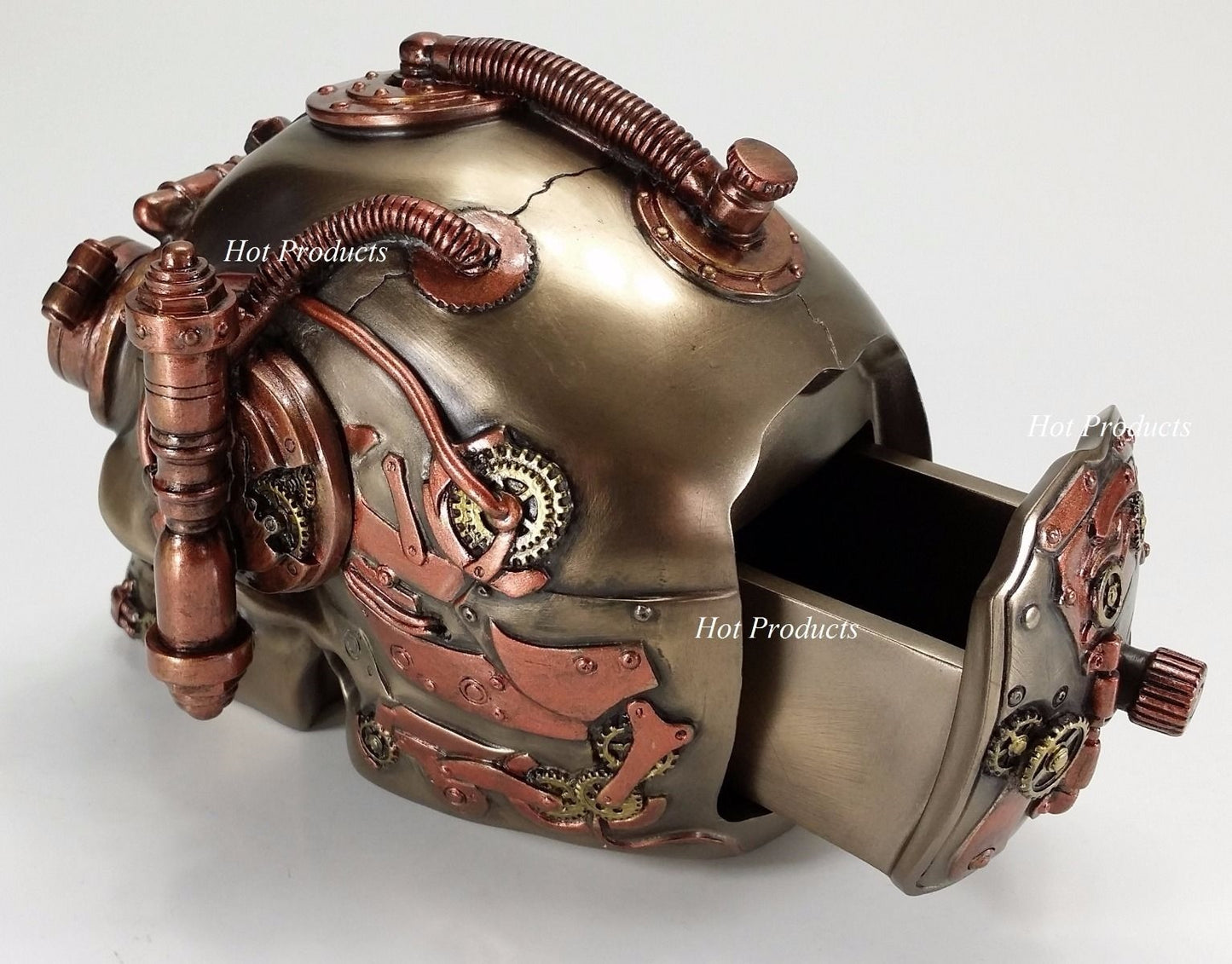 Hidden Trinket Box Steampunk Industrial Age Human Skull Statue Bronze Color