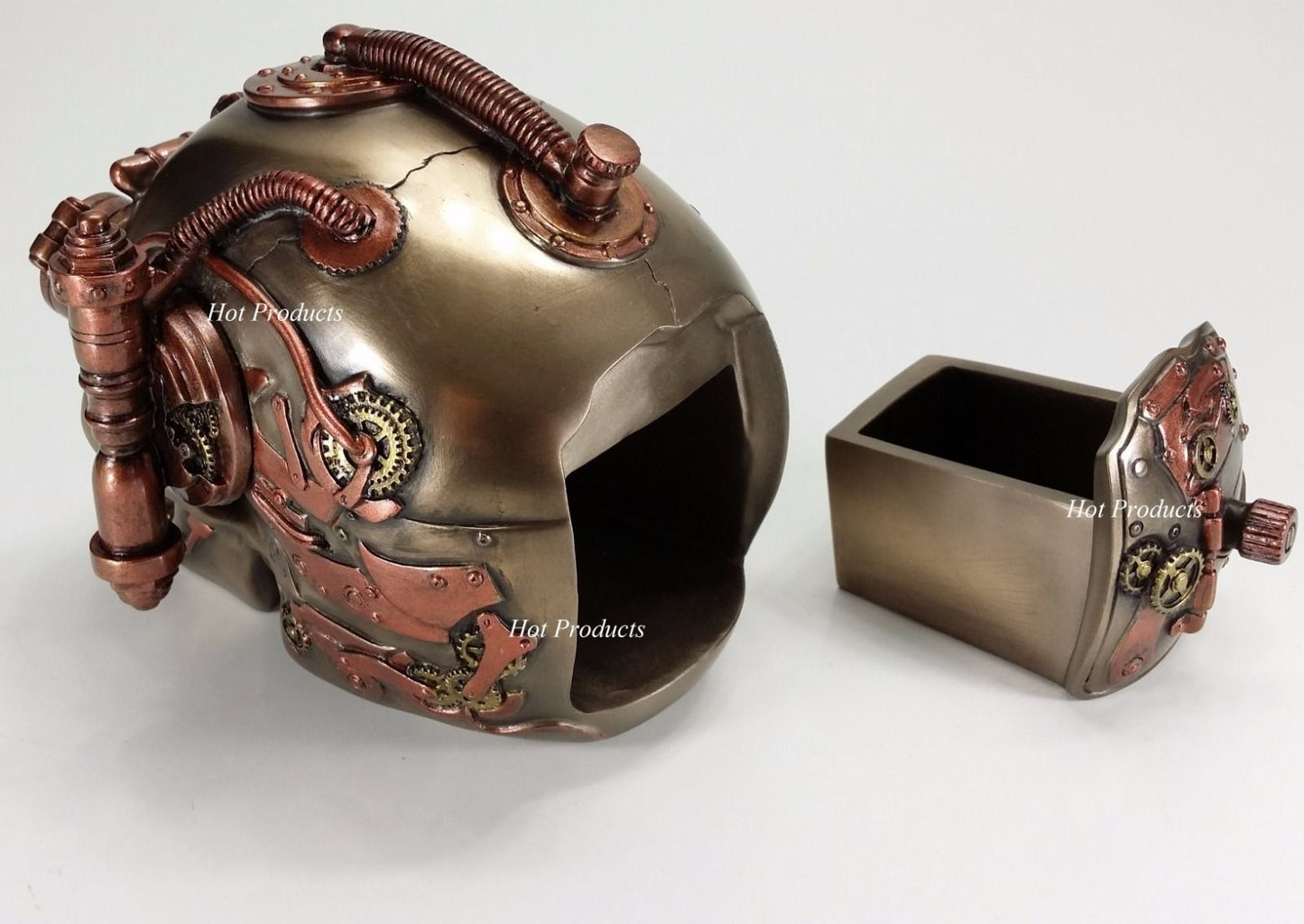 Hidden Trinket Box Steampunk Industrial Age Human Skull Statue Bronze Color