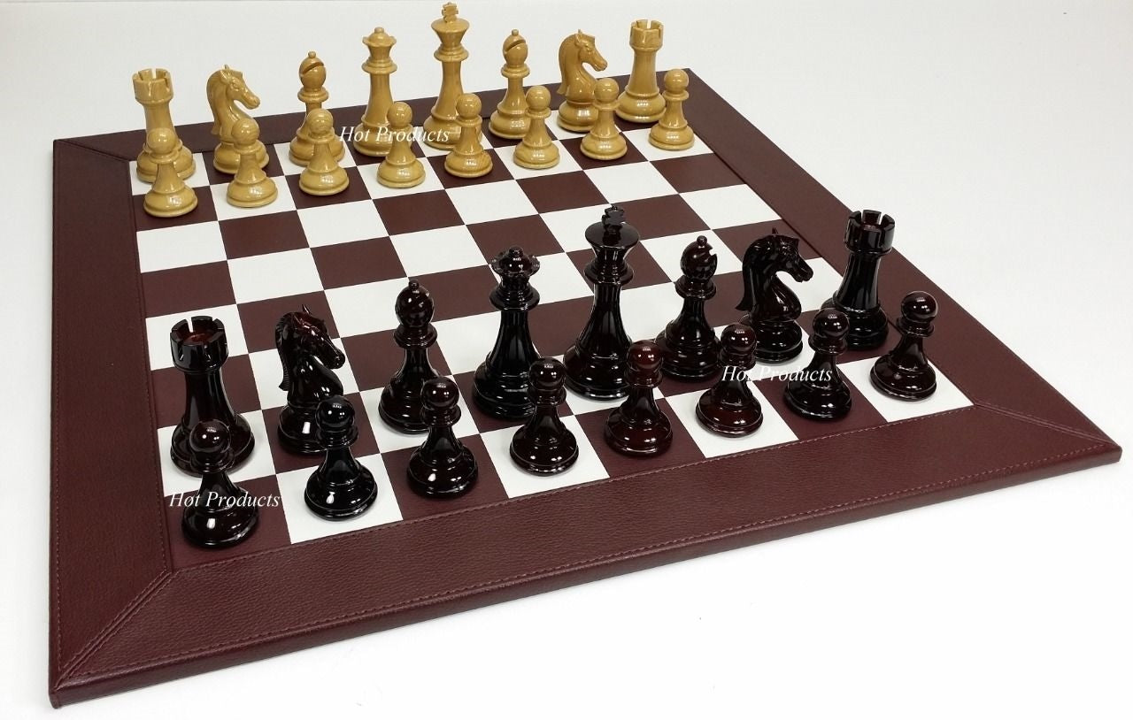 NEW  STAUNTON BURGUNDY LARGE 4 1/4" KING CHESS SET 21" FAUX LEATHER BOARD