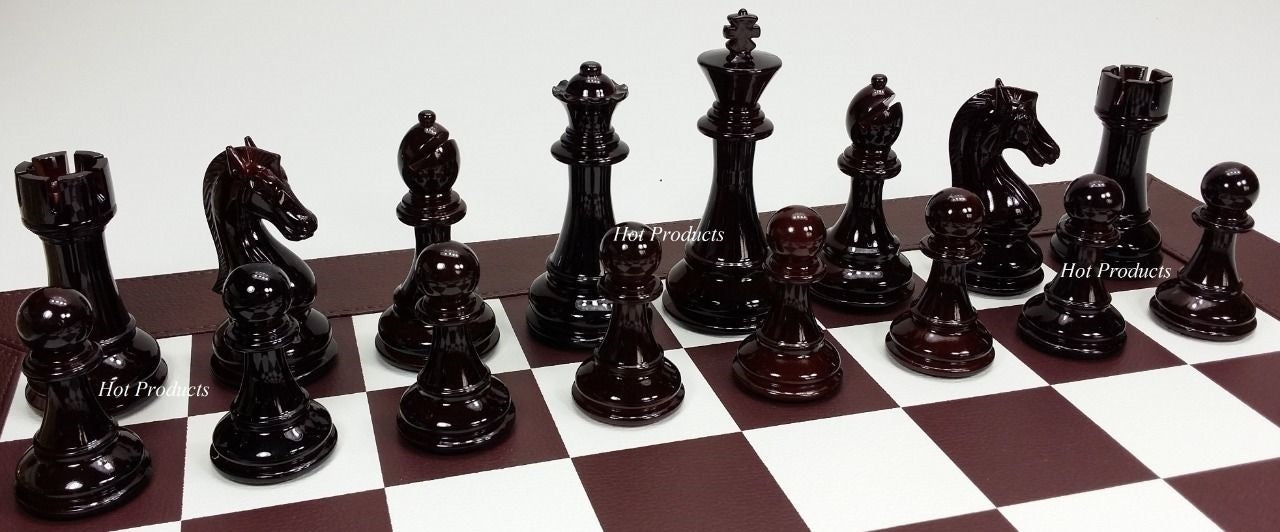 NEW  STAUNTON BURGUNDY LARGE 4 1/4" KING CHESS SET 21" FAUX LEATHER BOARD