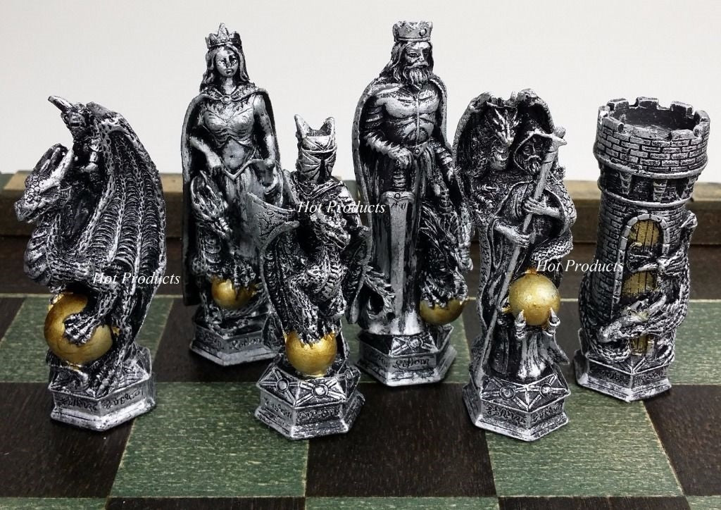 King Arthur Knights W/ Dragon Fantasy Medieval Times Chess Men Set - NO Board