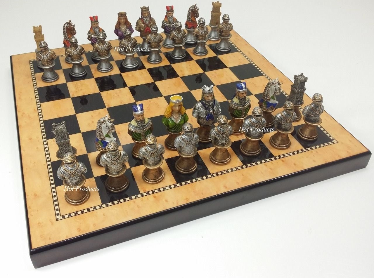 Medieval Times Crusades Busts PAINTED Chess Set 15" Walnut & Maple Color Board