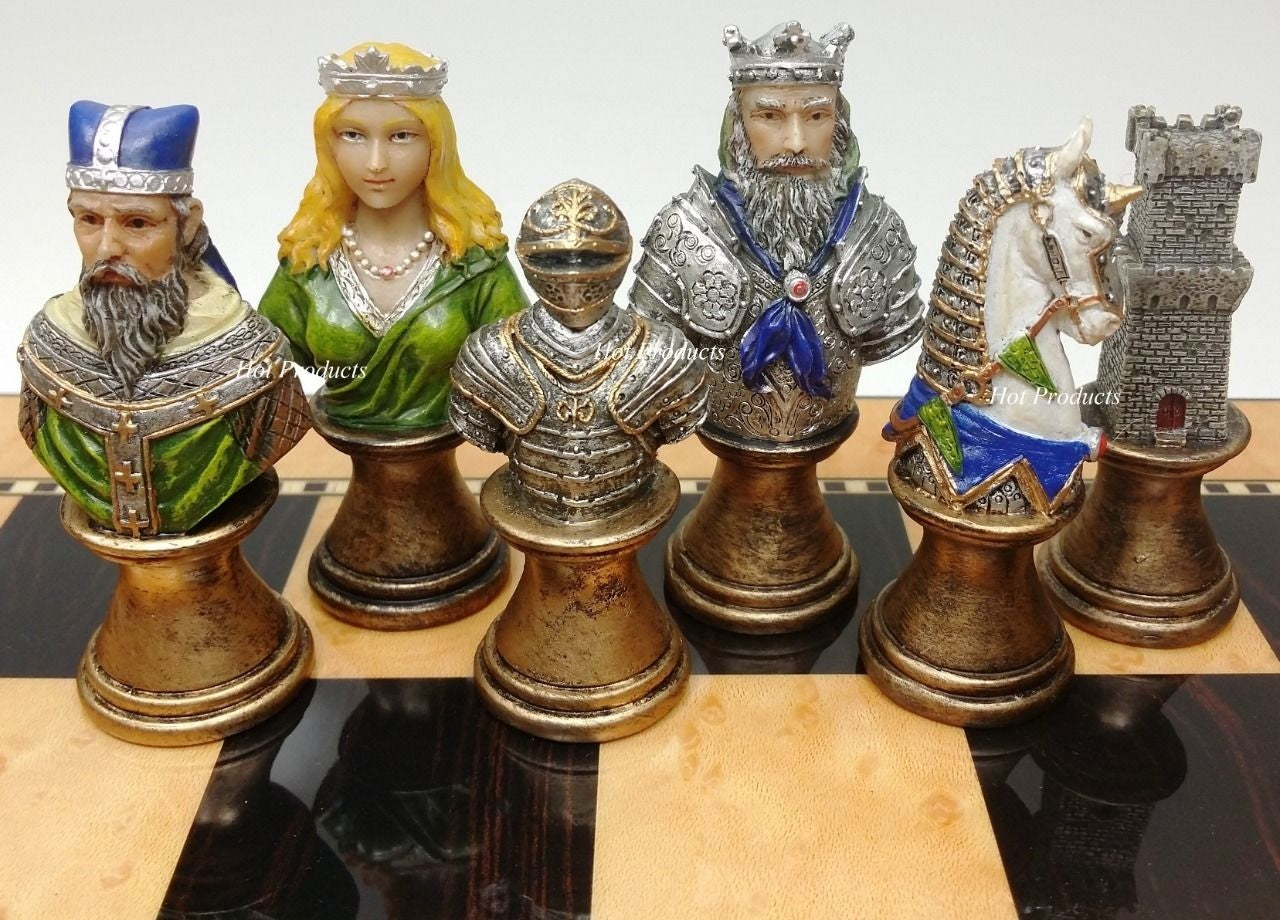 Medieval Times Crusades Busts PAINTED Chess Set 15" Walnut & Maple Color Board