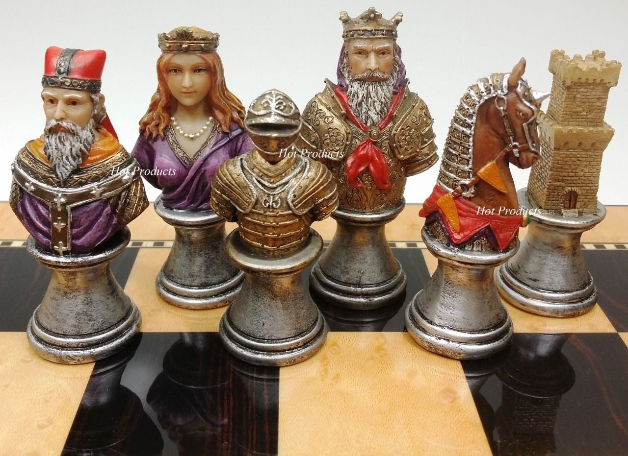 Medieval Times Crusades Busts PAINTED Chess Set 15" Walnut & Maple Color Board