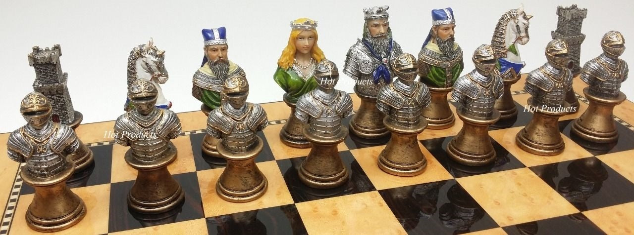 Medieval Times Crusades Busts PAINTED Chess Set 15" Walnut & Maple Color Board