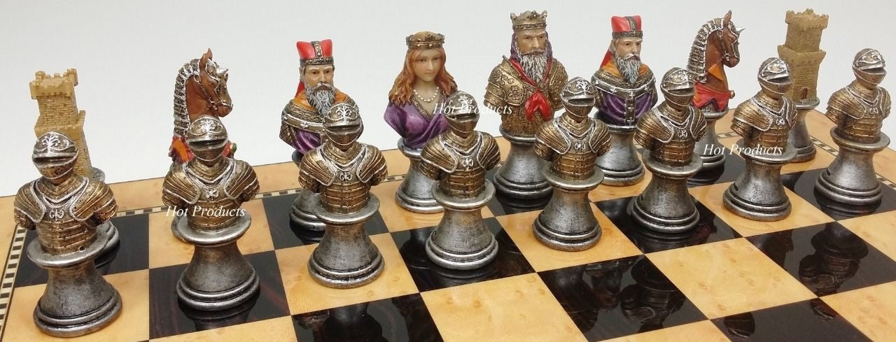 Medieval Times Crusades Busts PAINTED Chess Set 15" Walnut & Maple Color Board