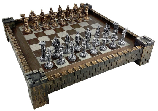 Medieval Times Knight Pewter Metal Chess Set Antique Finish W 17" Castle Board