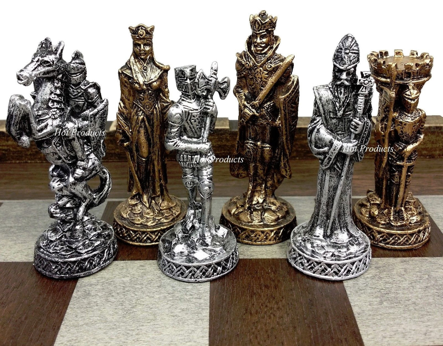 Medieval Times Knight Pewter Metal Chess Set Antique Finish W 17" Castle Board