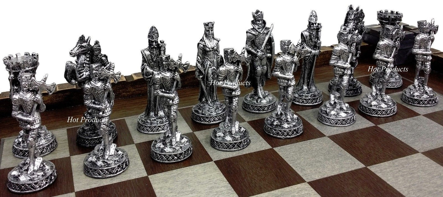 Medieval Times Knight Pewter Metal Chess Set Antique Finish W 17" Castle Board