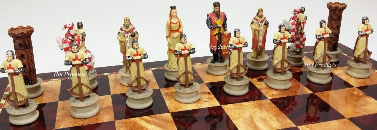 Medieval Times Crusades King Richard Knights Chess Set W/ 18" Cherry Color Board
