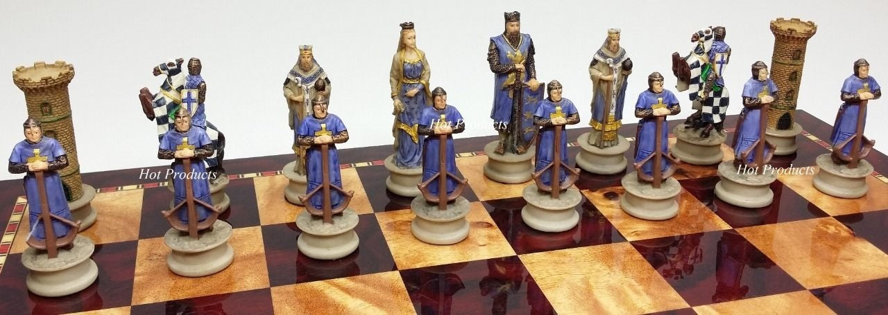 Medieval Times Crusades King Richard Knights Chess Set W/ 18" Cherry Color Board
