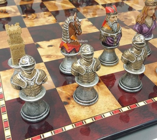 Medieval Times Crusades Busts PAINTED Chess Set W/ 18" Cherry Color Board