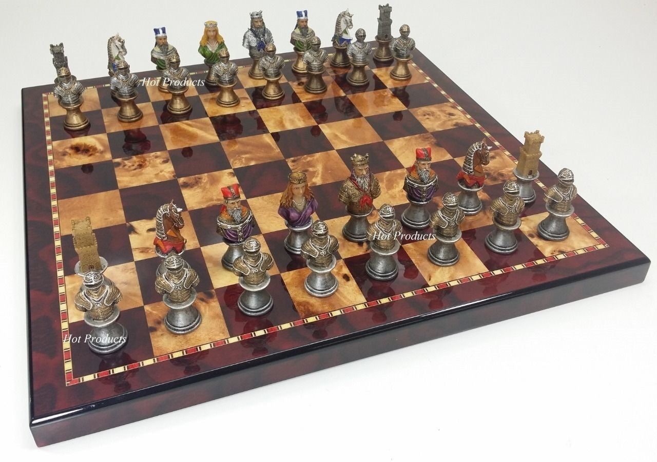 Medieval Times Crusades Busts PAINTED Chess Set W/ 18" Cherry Color Board