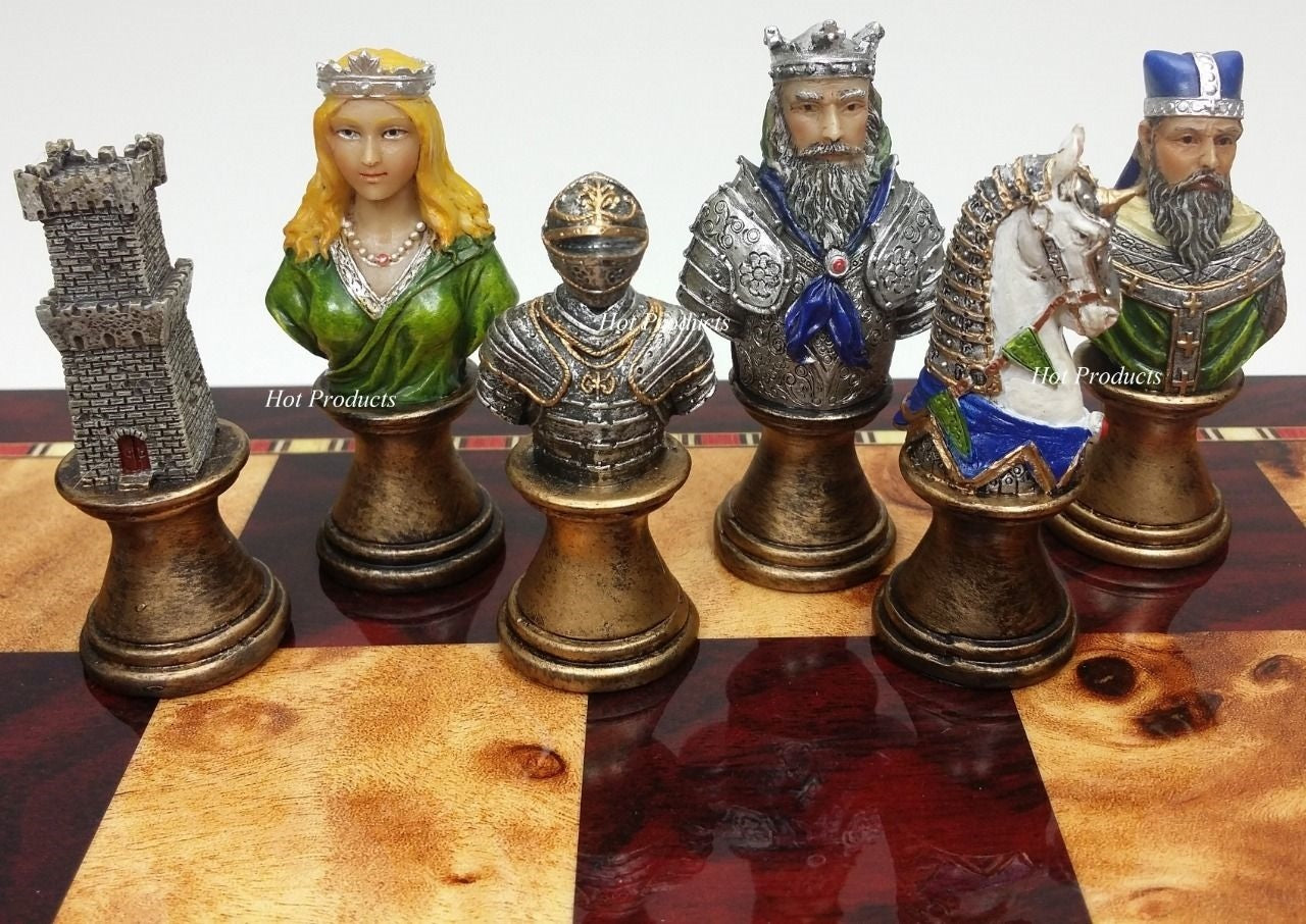 Medieval Times Crusades Busts PAINTED Chess Set W/ 18" Cherry Color Board