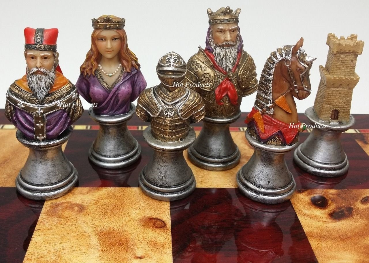 Medieval Times Crusades Busts PAINTED Chess Set W/ 18" Cherry Color Board