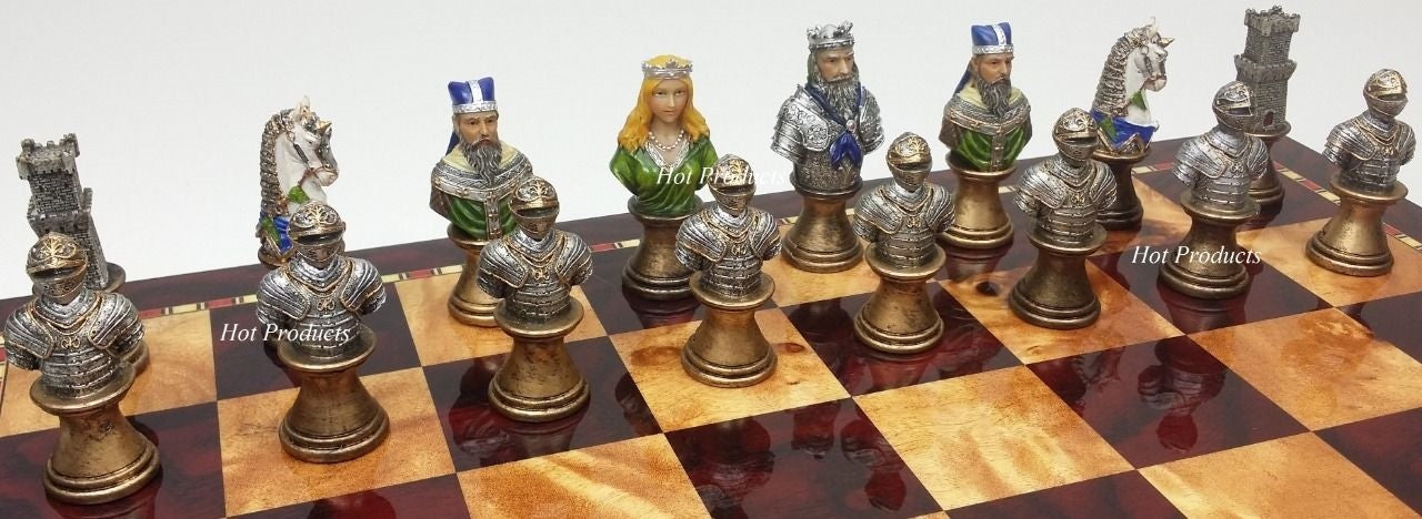 Medieval Times Crusades Busts PAINTED Chess Set W/ 18" Cherry Color Board