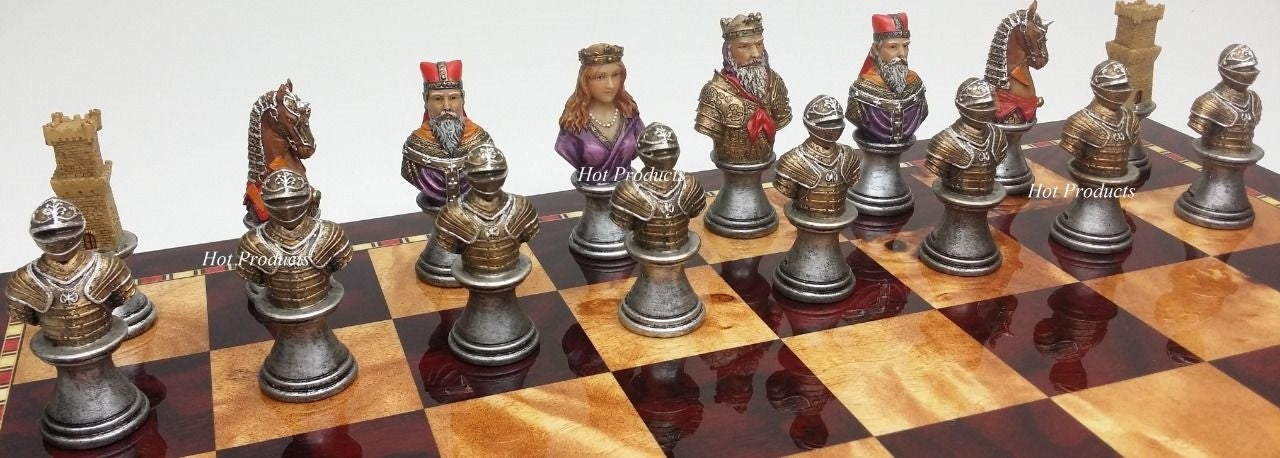 Medieval Times Crusades Busts PAINTED Chess Set W/ 18" Cherry Color Board