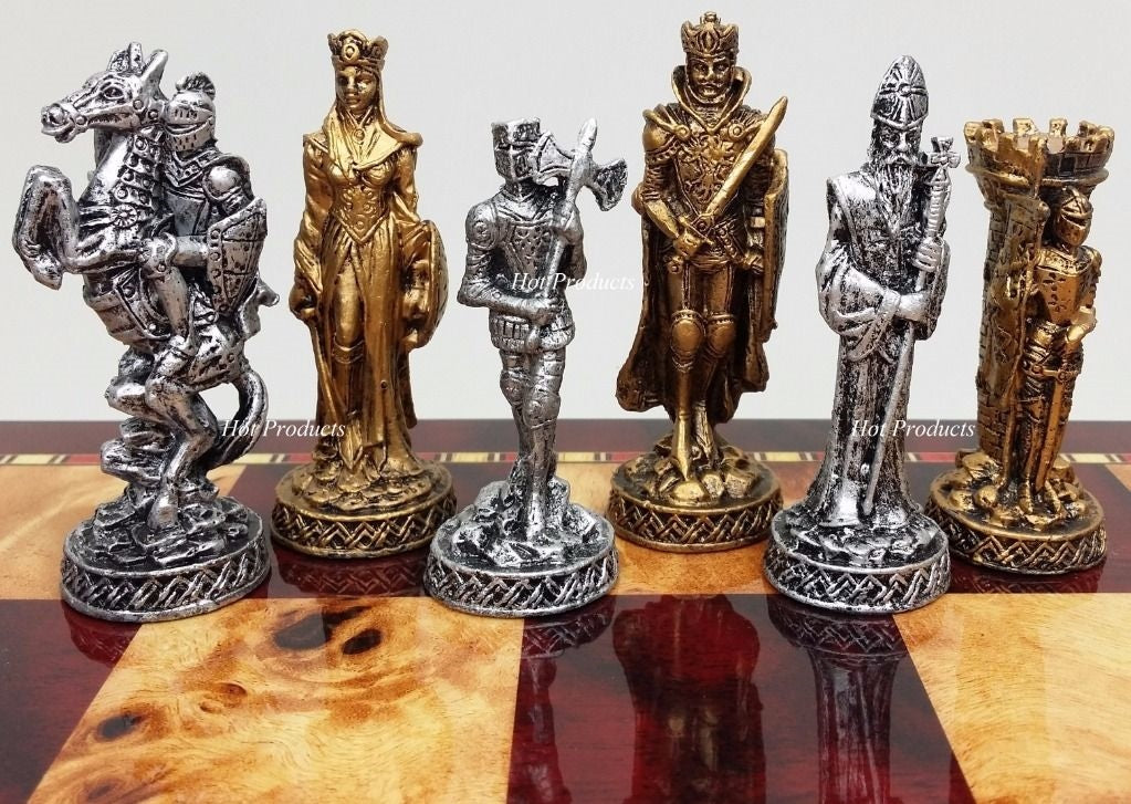 Medieval Times Crusades Pewter METAL Chess Set GLOSS Cherry Color Storage Board