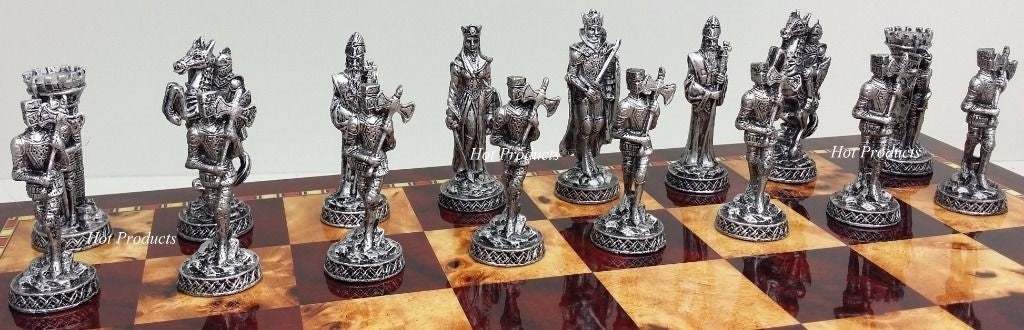 Medieval Times Crusades Pewter METAL Chess Set GLOSS Cherry Color Storage Board