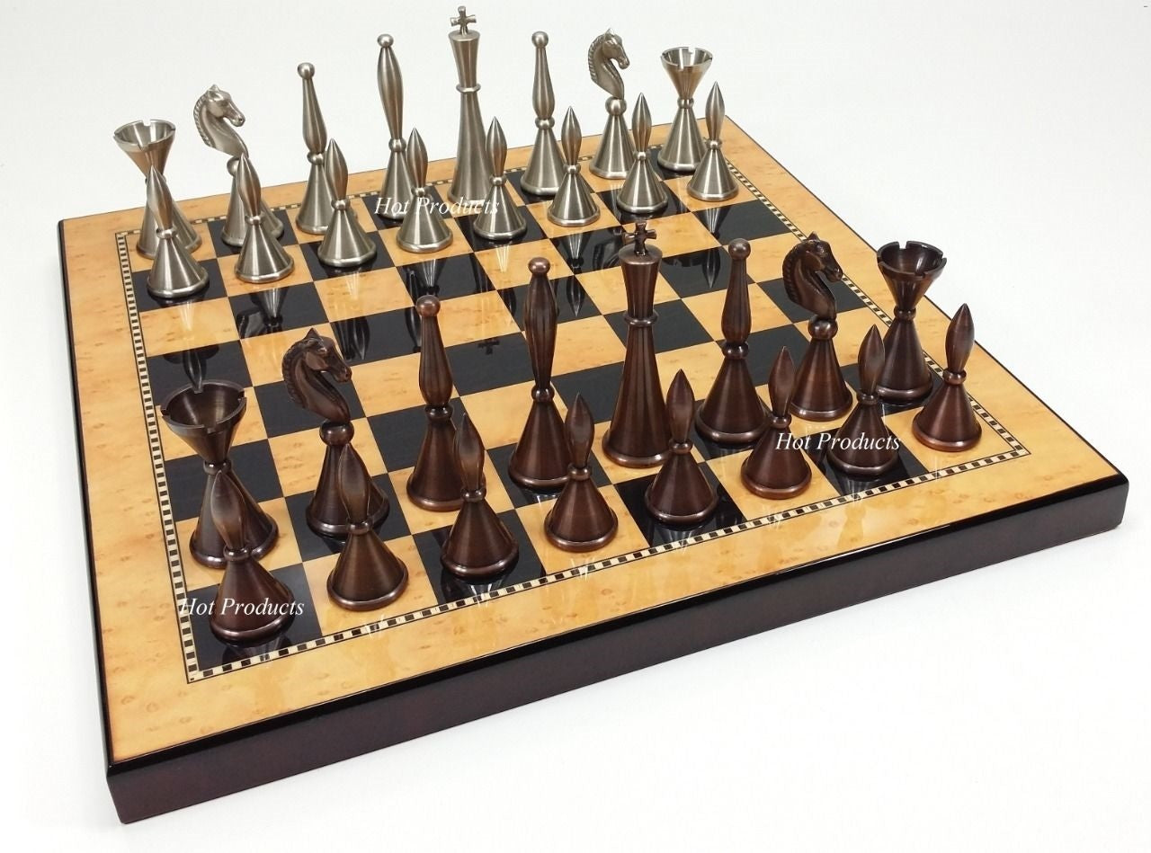 Brass Metal Art Deco MODERN Staunton Chess Set W/ 15" WALNUT Color BOARD